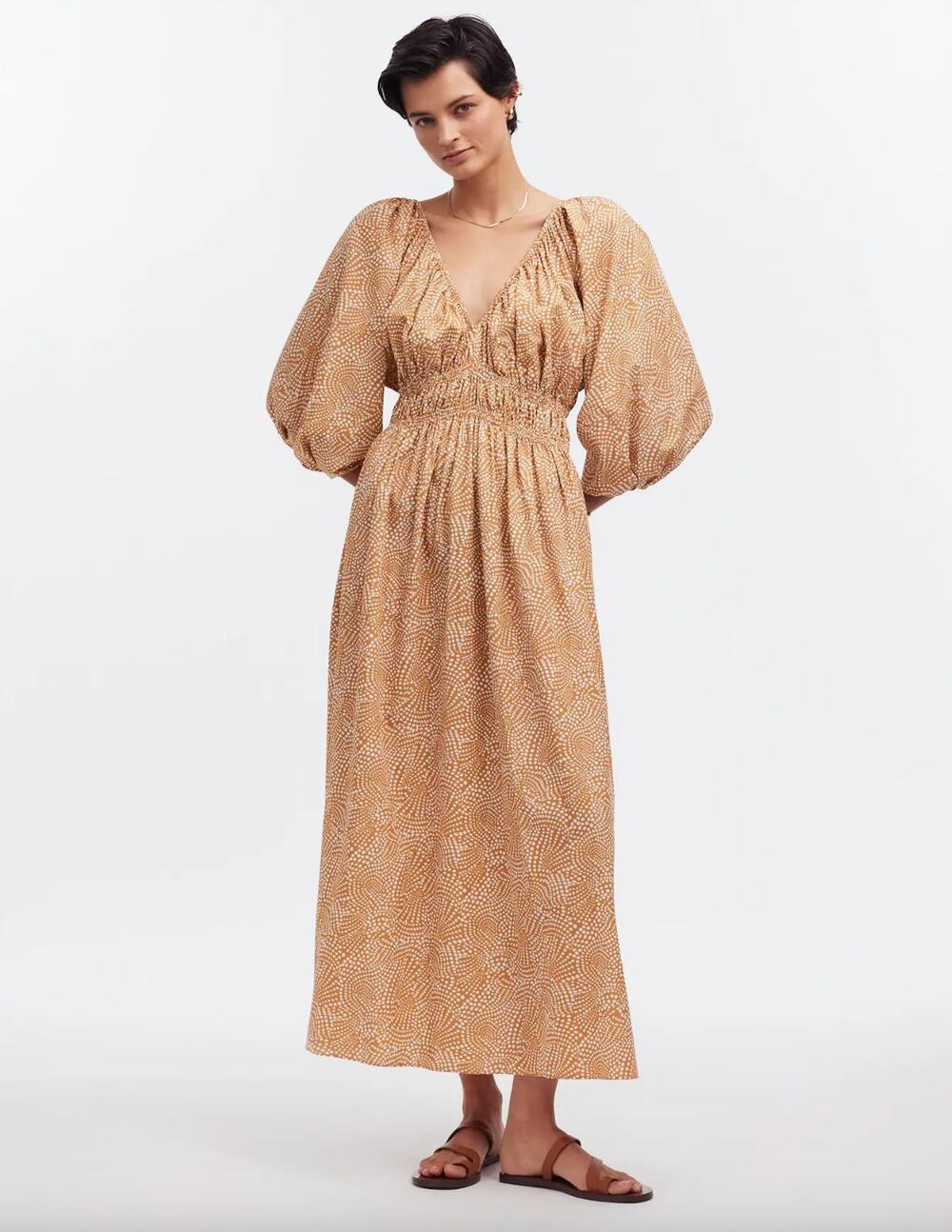 Madewell V Neck Balloon Sleeve Maxi Dress Spiral Dot Tan Smocked Boho US 00 NWT